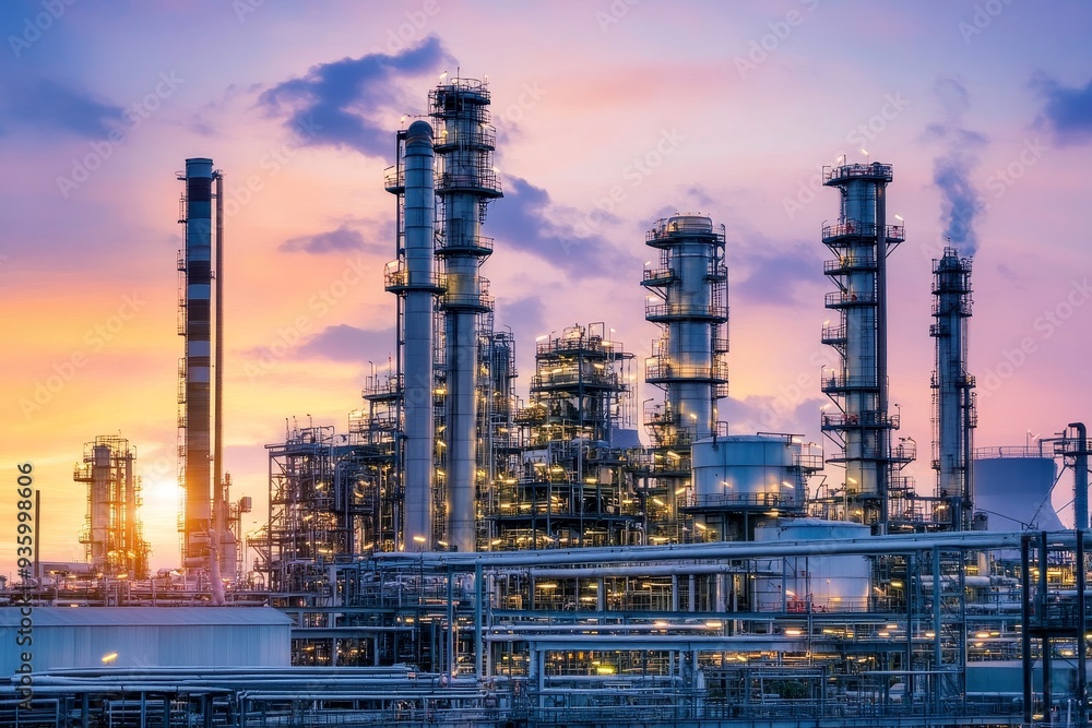 Dramatic view of an oil refinery with towering distillation columns and intricate piping systems silhouetted against a vibrant sunset sky Dramatic view of an oil refinery with towering distillation columns and intricate piping systems silhouetted against a vibrant sunset sky