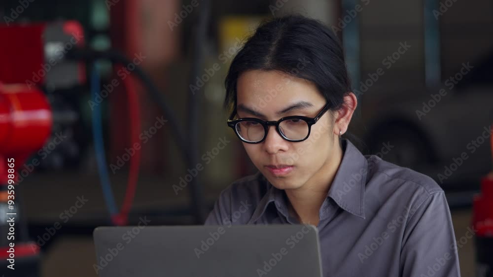 Young engineer with glasses focused on a laptop in a robot factory setting, surrounded by industrial machinery and equipment. Young engineer with glasses focused on a laptop in a robot factory setting, surrounded by industrial machinery and equipment.