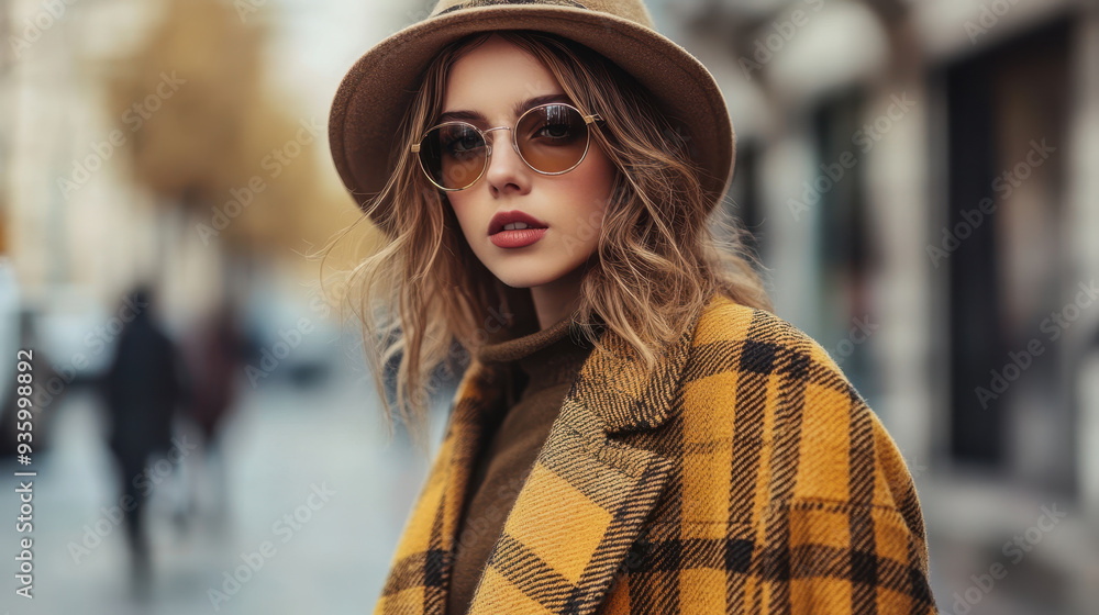 Stylish woman in yellow plaid coat and hat, exuding confidence and charm in an urban setting. Stylish woman in yellow plaid coat and hat, exuding confidence and charm in an urban setting.