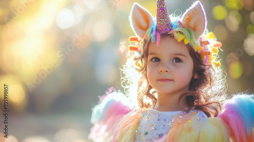 A young girl dressed in colorful unicorn costume, radiating joy and wonder in magical outdoor setting.