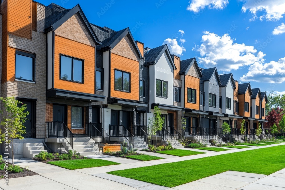 A row of modern townhouses with orange and white exterior panels, featuring sleek design, large windows, and neatly landscaped front yards under a blue sky A row of modern townhouses with orange and white exterior panels, featuring sleek design, large windows, and neatly landscaped front yards under a blue sky