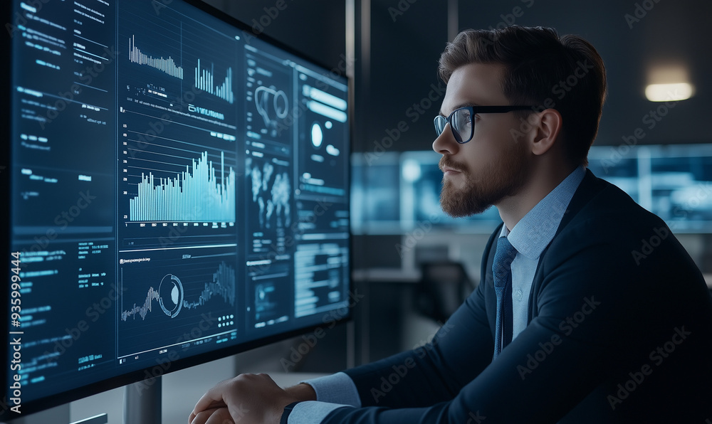 Businessman analyzing AI-powered data analytics on large screen with dynamic charts in modern office environment Businessman analyzing AI-powered data analytics on large screen with dynamic charts in modern office environment