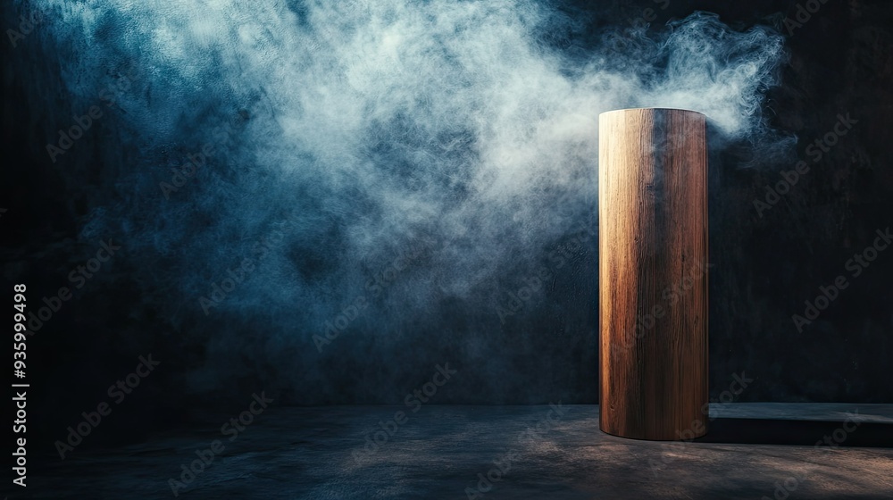Cylindrical wooden display stand on a dark abstract wall, with rising smoke and spotlight creating a moody ambiance. - Cylindrical wooden display stand on a dark abstract wall, with rising smoke and spotlight creating a moody ambiance. -