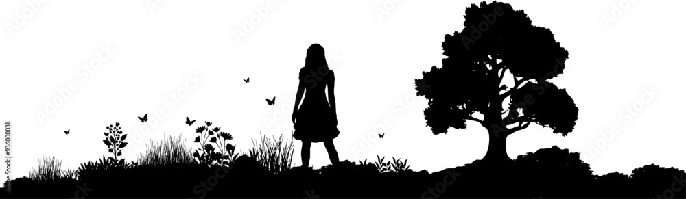 Foto Vektor Silhouette junge Frau in der Natur zwischen Blumen Büchen und einem Baum