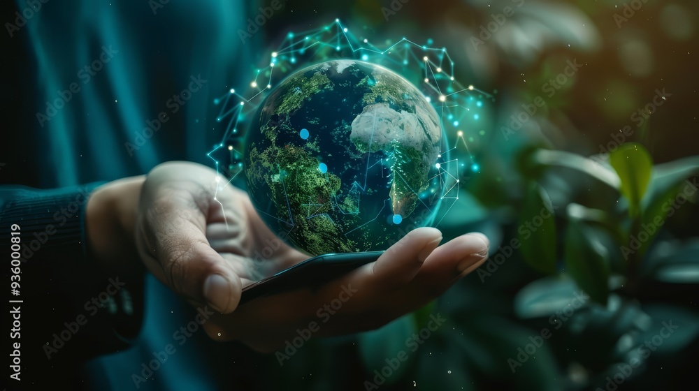 Hand Holding Digital Globe with Network Connection Hand Holding Digital Globe with Network Connection