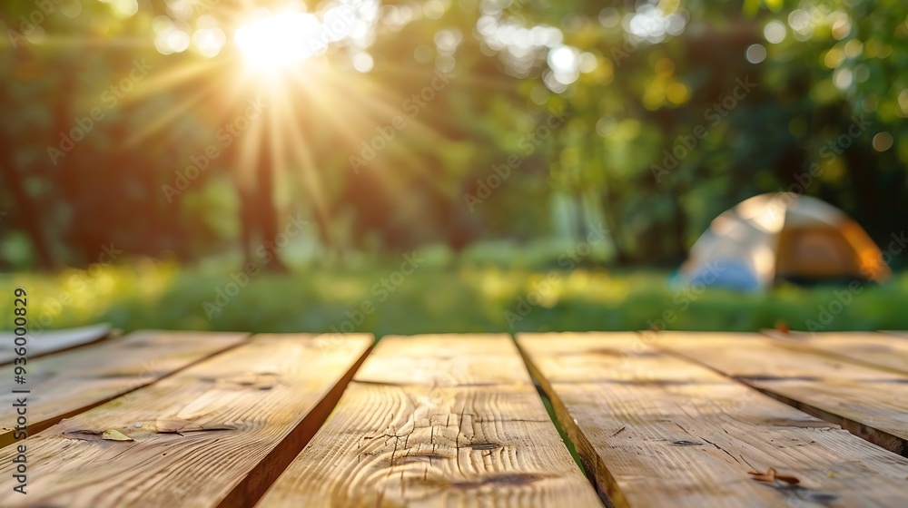 Wooden table in front of tents and grass field Wooden table in front of tents and grass field