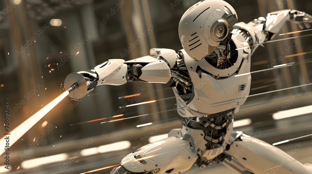 Fototapeta premium Robot Fencer in Duel: A nimble robot fencer engaging in a fast-paced duel, sword raised. 