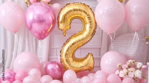 The vibrant golden number two stands out among a dreamy mix of pink and gold balloons, creating a festive atmosphere for a second birthday celebration photo