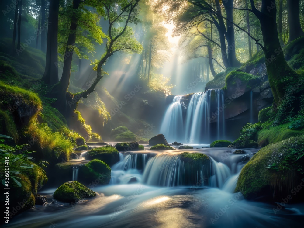 Obraz premium whispering shadows cascading silky water mist dark forest intimate macro shot soft ethereal warm nostalgic dreamy sorrow melancholic poetic