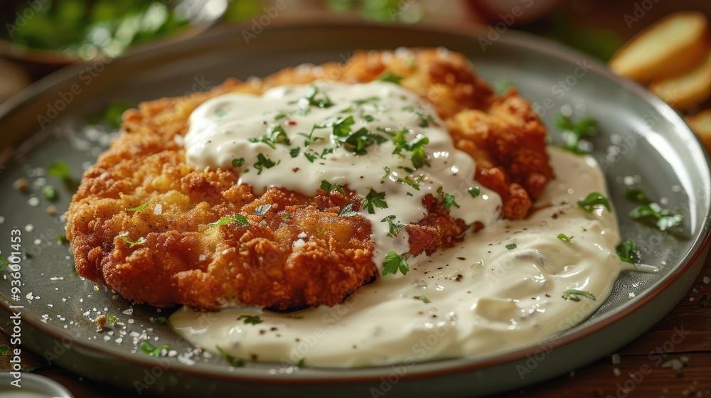 Photo of a crispy golden fish cake topped with creamy sauce and sprinkled with chives. Photo of a crispy golden fish cake topped with creamy sauce and sprinkled with chives.