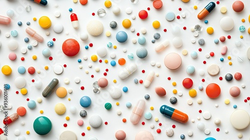 Diverse mix of pills, in various shapes and colors, cascading onto a light grey backdrop, creating a vivid display.