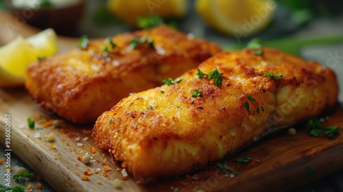 Two pieces of grilled chicken on a wooden board, garnished with lemon wedges and spices.