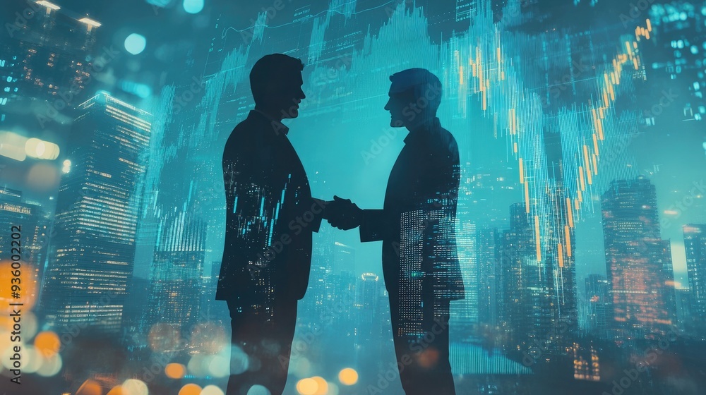 Fototapeta premium Double exposure of financial chart on cityscape background with two businessmen handshake. Concept of financial analysis and investment opportunities -