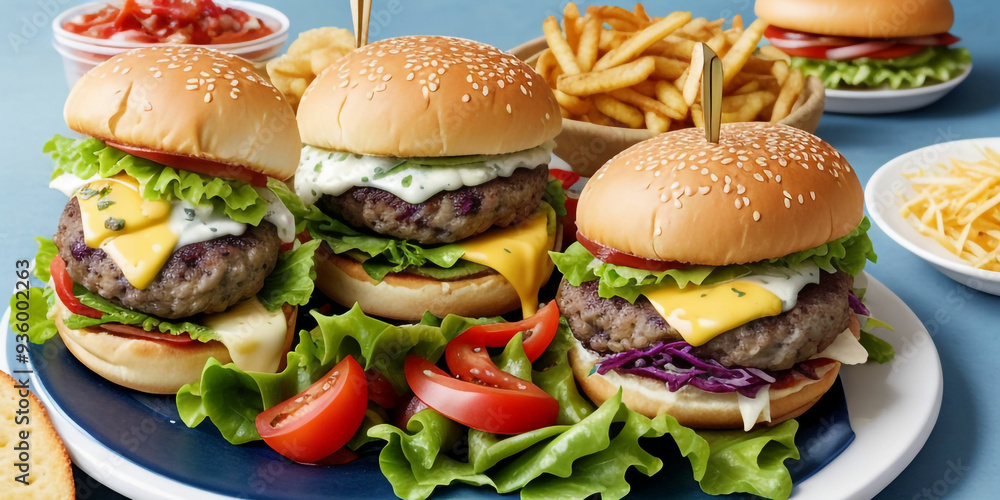a fresh delicious burger on the table with drinks a fresh delicious burger on the table with drinks
