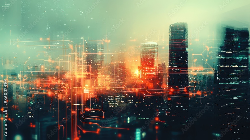 Fototapeta premium Double exposure of modern cityscape and electric circuit.