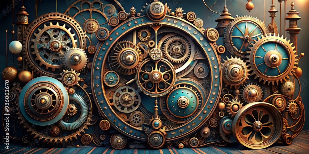whimsical fantastical clockwork machines steampunk gears clock faces intricate details 3D vector illustrations vintage nostalgic retro-futuristic aesthetic intricate mechanisms whimsical fantastical clockwork machines steampunk gears clock faces intricate details 3D vector illustrations vintage nostalgic retro-futuristic aesthetic intricate mechanisms
