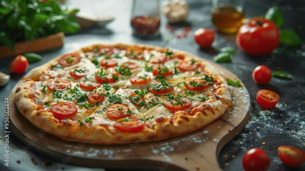 a homemade pizza, fresh from the oven with an assortment of vegetables and spices. a homemade pizza, fresh from the oven with an assortment of vegetables and spices.