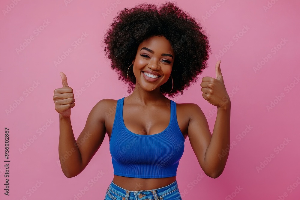 An isolated picture of a pretty young girl wearing a trendy blue outfit on a pink background shows her thumbs up in approval An isolated picture of a pretty young girl wearing a trendy blue outfit on a pink background shows her thumbs up in approval