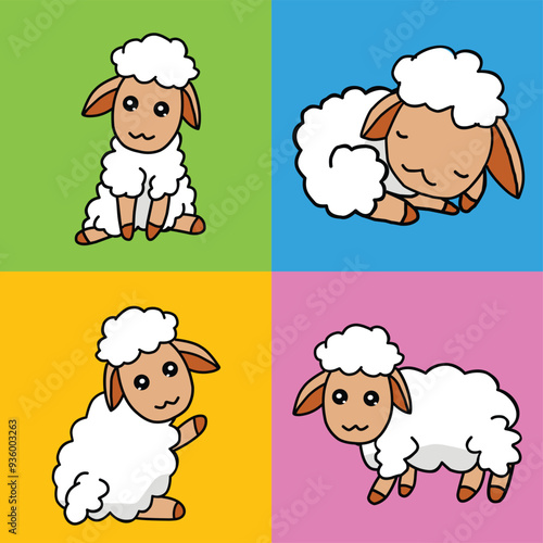 Vector illustration of cute sheep with four kinds of expressions