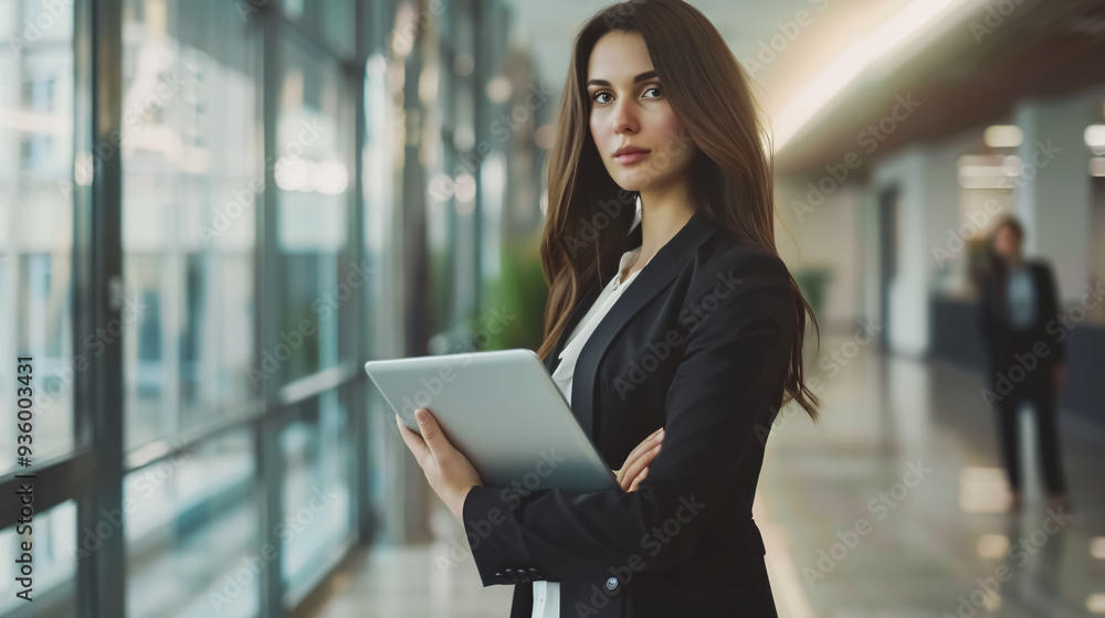 Elegant businesswoman standing in an office with a digital tablet. Elegant businesswoman standing in an office with a digital tablet.