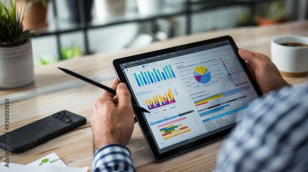 Man Analyzing Business Data on Tablet with Stylus Man Analyzing Business Data on Tablet with Stylus