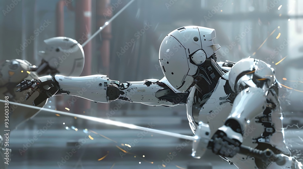 Fototapeta premium Robot Fencer in Duel: A nimble robot fencer engaging in a fast-paced duel, sword raised.