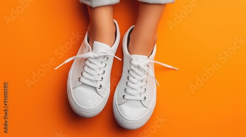 Pair of white sneakers on feet against an orange background with cuffed pants. photo