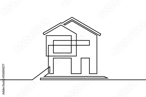 Abstract house in continuous line art drawing style. Two-storey family home with big terrace black linear design isolated on white background. Vector illustration