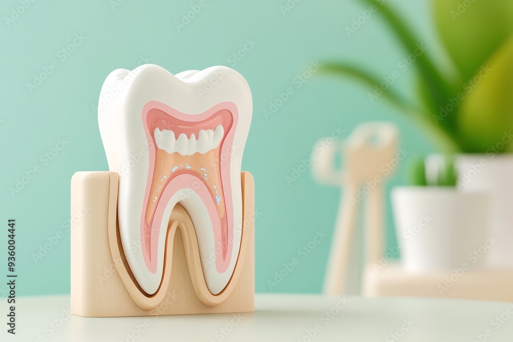 A colorful, educational model of a tooth showcasing its internal structure, perfect for dental health awareness and teaching. A colorful, educational model of a tooth showcasing its internal structure, perfect for dental health awareness and teaching.