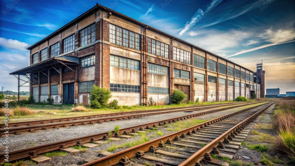 Naklejka premium Abandoned industrial building with railway in the background , urban decay, post-industrial