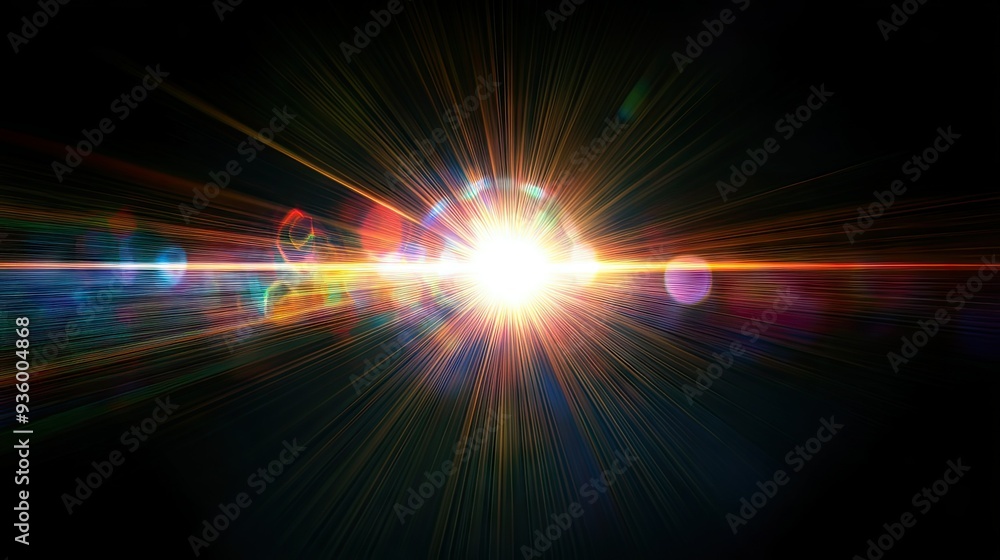 Easy to add lens flare effects for overlay designs or screen blending mode to make high-quality images. Abstract sun burst, digital flare, iridescent glare over black background. -