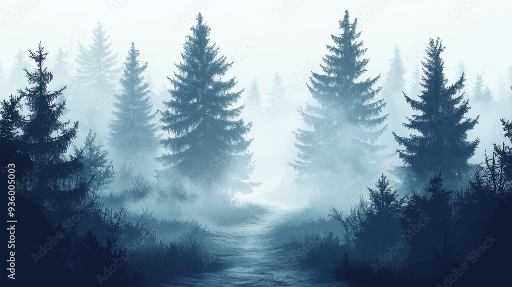 Fototapeta premium A serene forest shrouded in mist, highlighting the beauty of nature and tranquility in a foggy atmosphere.