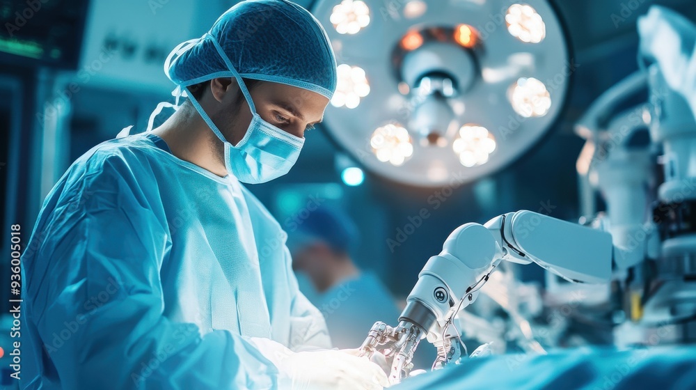 Surgeon focused intently while operating in a high-tech surgical room with advanced medical technology and robotic assistance for precision procedures Surgeon focused intently while operating in a high-tech surgical room with advanced medical technology and robotic assistance for precision procedures