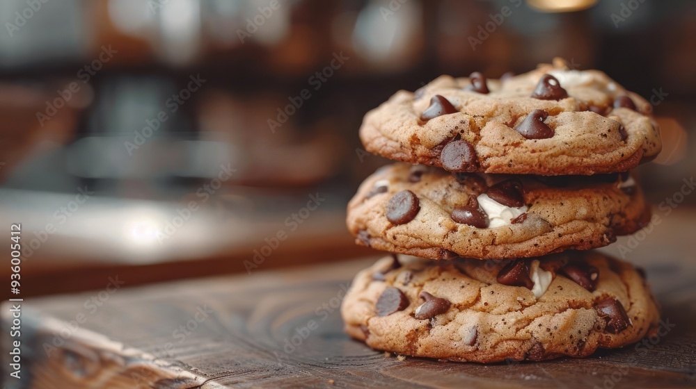 A stack of chocolate chip cookies with melted chocolate on top. A stack of chocolate chip cookies with melted chocolate on top.