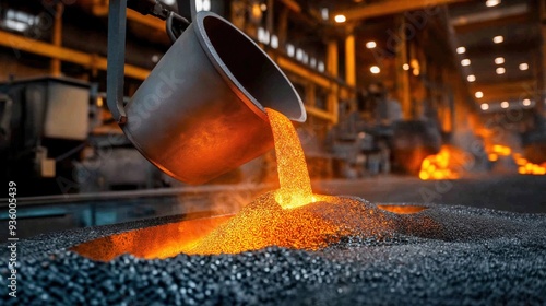 Molten metal being poured from a crucible into a mold in an industrial foundry. photo