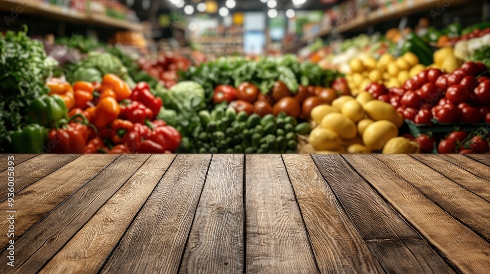 Empty Wooden Table in Front of Fresh Produce Section at Grocery Store with Colorful Vegetables and Fruits Empty Wooden Table in Front of Fresh Produce Section at Grocery Store with Colorful Vegetables and Fruits