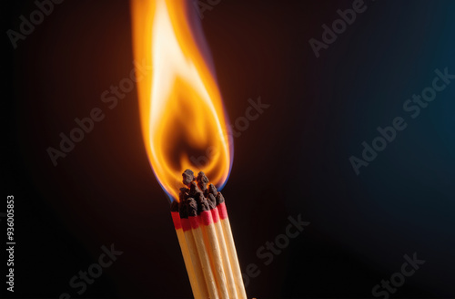 A single match is burning with a bright flame photo