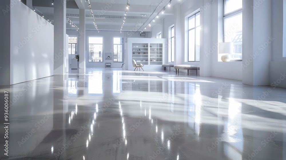 Empty showroom with polished floors and spotlights casting shadows. Empty showroom with polished floors and spotlights casting shadows.