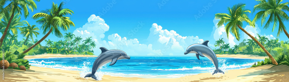 Obraz premium A serene tropical beach scene with dolphins leaping above clear blue water under a bright sunny sky.