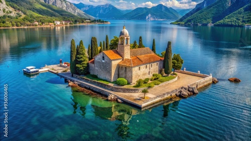 Top view of artificial island Gospa od Skrpjela with Roman Catholic church in Kotor Bay, Montenegro, Adriatic sea photo