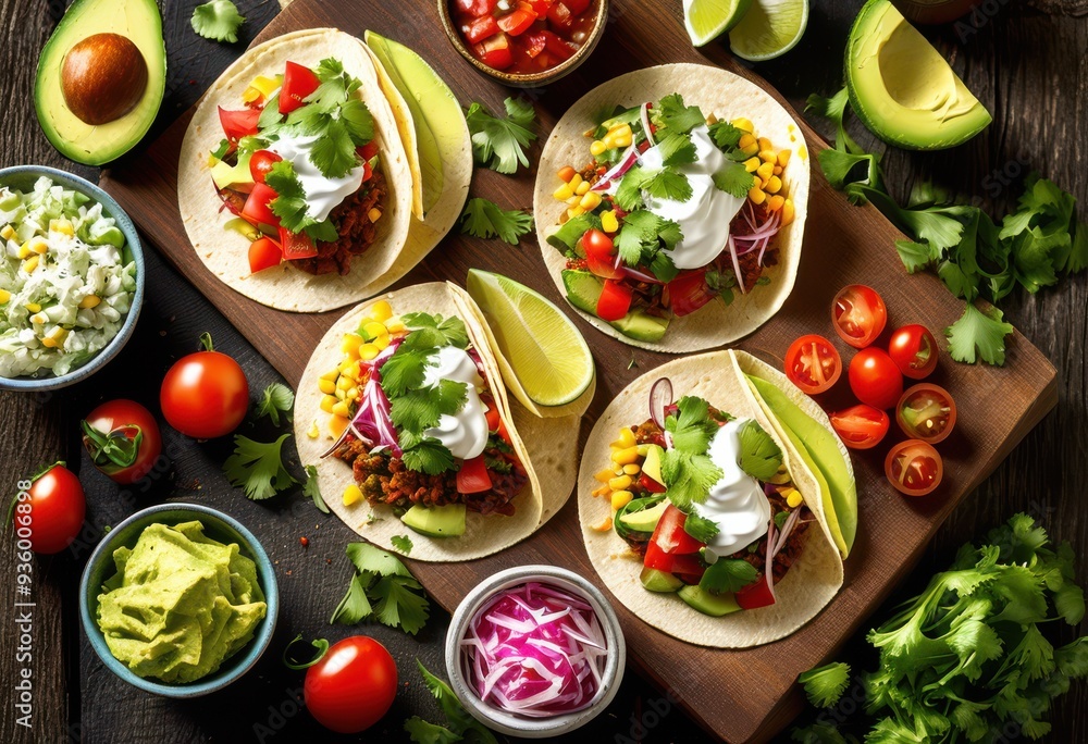 colorful taco spread featuring fresh ingredients bright toppings delicious meal experience, vibrant, salsa, guacamole, cheese, cilantro, onion, tomato colorful taco spread featuring fresh ingredients bright toppings delicious meal experience, vibrant, salsa, guacamole, cheese, cilantro, onion, tomato