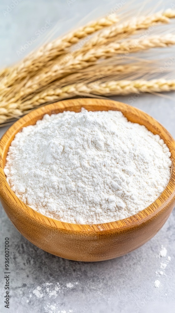 Flour is neatly placed in a bowl on a wooden table, surrounded by wheat stalks and a bag of flour, creating a cozy and inviting kitchen atmosphere perfect for baking Flour is neatly placed in a bowl on a wooden table, surrounded by wheat stalks and a bag of flour, creating a cozy and inviting kitchen atmosphere perfect for baking
