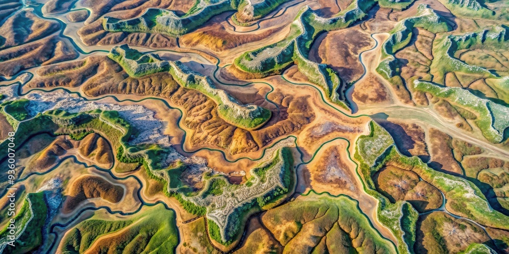 Abstract aerial view of topography with varying textures and shapes, aerial view, abstract, topography, landscape Abstract aerial view of topography with varying textures and shapes, aerial view, abstract, topography, landscape