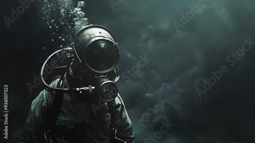 Deep-sea diver in a vintage diving suit with a helmet and gauges, underwater in dark, murky waters. Concept of underwater exploration and history