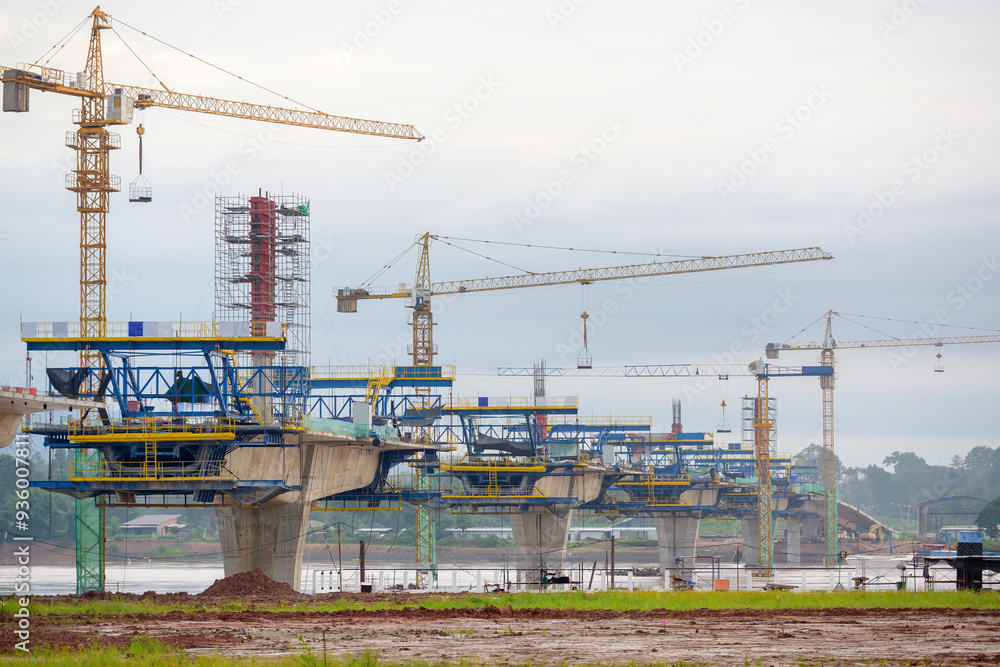 Road construction structure on concrete bridge at concrete bridge construction site crossing river or Thai-Laos bridge, Bueng Kan, Thailand