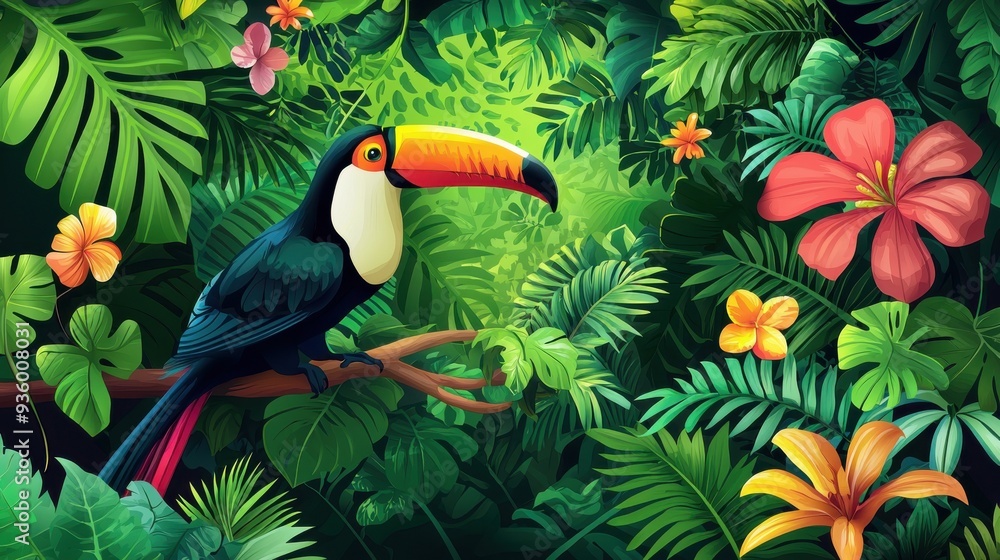 Colorful toucan perched among lush tropical foliage and vibrant flowers, showcasing the beauty of rainforest biodiversity. Colorful toucan perched among lush tropical foliage and vibrant flowers, showcasing the beauty of rainforest biodiversity.