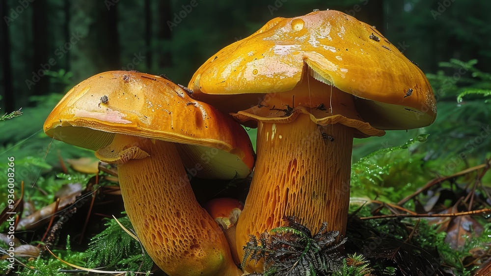 Fototapeta premium boletus among moss in autumn forest, fall, mushrooms, trees, wood, nature, beauty, macro photo, plant, beauty, season, orange, brown, ecology, eco, background, wallpaper
