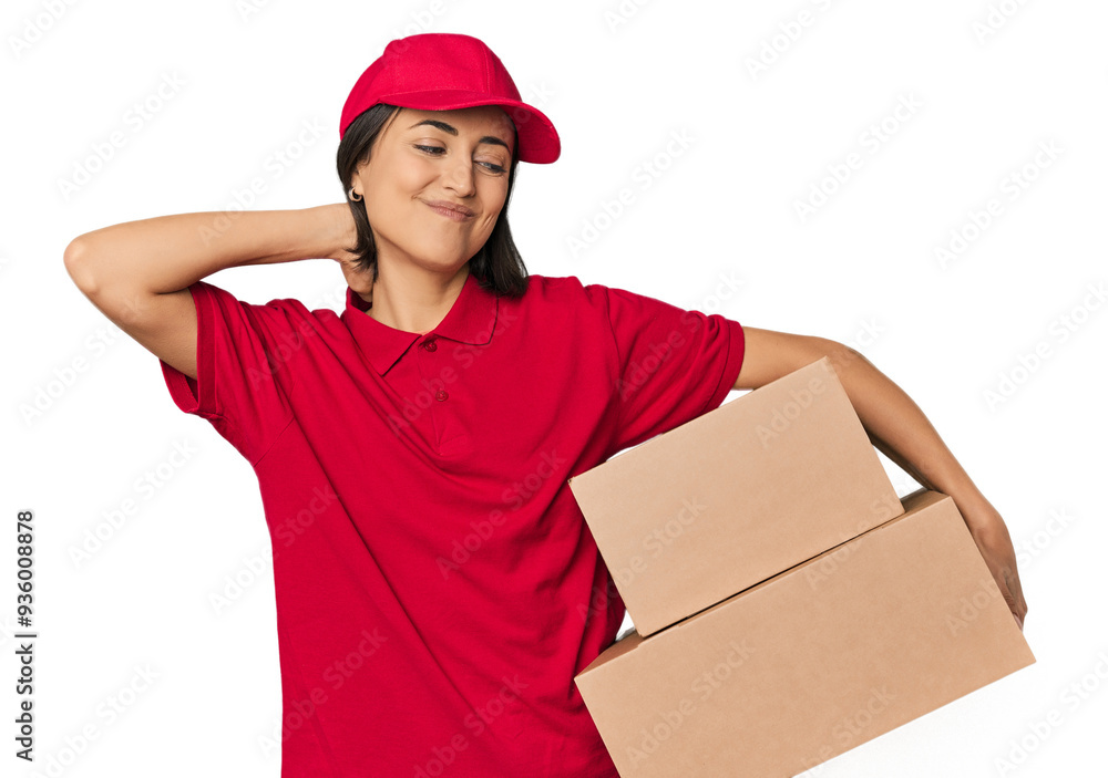 Young Caucasian delivery woman with boxes touching back of head, thinking and making a choice. Young Caucasian delivery woman with boxes touching back of head, thinking and making a choice.