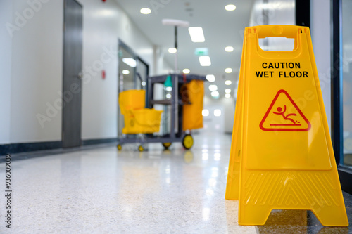 Obraz na plátne Focus on yellow wet floor warning sign and caution slippery sign background of c