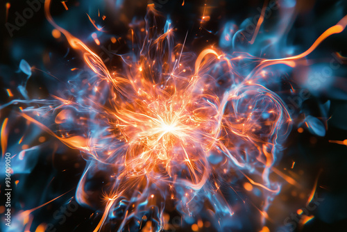 Vivid Explosion of Blue and Orange Energy with Swirling Light Trails and Dynamic Sparks